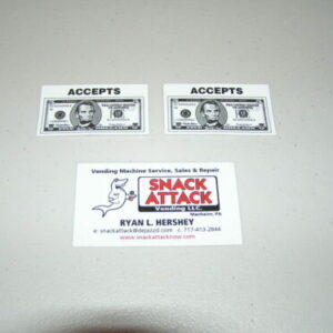 2 SNACK or SODA VENDING MACHINE Decals "This Machine Accepts Dollar Coins." 